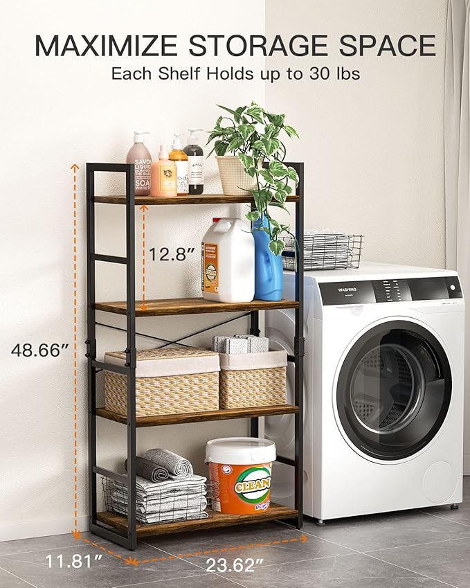 Pipishell Bookshelf, 4-Tier Bookcase, Storage Bookshelves, Tall Bookcase Shelf Storage Organizer, Book Shelf with Steel Frame, Vintage Standing Shelf for Home Office, Living Room, Bedroom, Kitchen