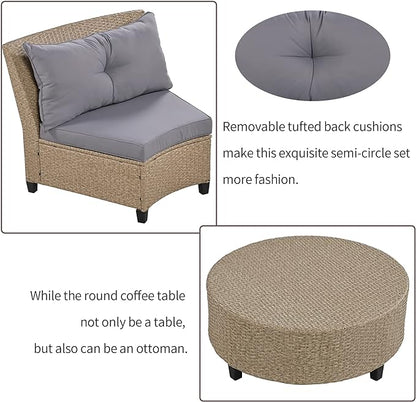 9 Pieces Outdoor Furniture Half Moon Wicker Patio Sets with Coffee Table, All-Weather Fan-Shaped Curved Sectional Sofa Couch with Gray Cushions, Onesize, Brown Rattan