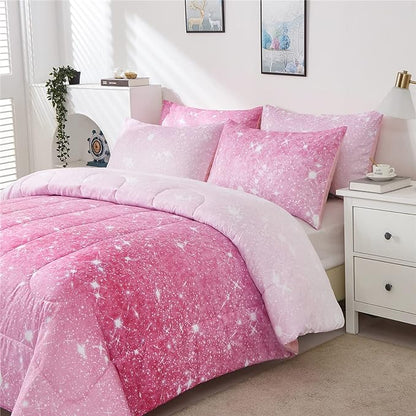 Pink Glitter Comforter Twin Size for Girls, Sparkle Galaxy Twinkle Starlight Comforter for Kids Teen,2 Piece Pink Ombre Pastel Bedding Set with 1 Pillow Case(Pink)