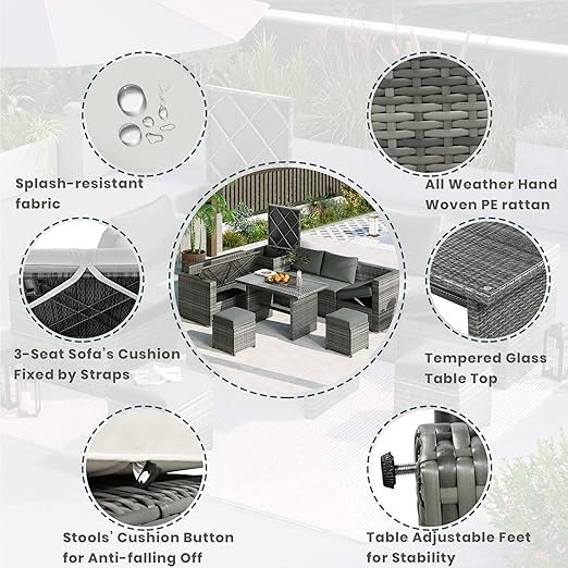 6-Piece Patio Furniture Set, L-Shaped Outdoor PE Wicker Rattan Sectional ConversationSet with Adjustable Seat, Storage Box, Removable Covers and Tempered Glass Top Table, for Backyard