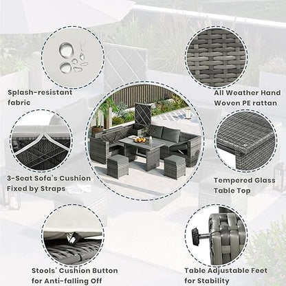 6-Piece Patio Furniture Set, L-Shaped Outdoor PE Wicker Rattan Sectional ConversationSet with Adjustable Seat, Storage Box, Removable Covers and Tempered Glass Top Table, for Backyard
