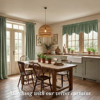 Velvet Window Valance 52x18 Inch 4-Panel Set | Soft Wavy Sage Green Kitchen Curtains for Windows, Luxury Fabric Aesthetic Window Treatment for Bay Window, Living Room