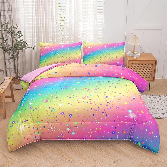 Twin Bedding Set Teen Girls, Galaxy Twinkle Comforter for Kids, Colorful Rainbow Bedding Set for All Season (Twin, 2 Pieces)