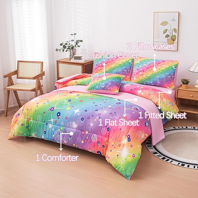 Full Size Comforter Sets for Girls, Kids Bedding Sets for Girls, Rainbow Comforter Full, 6 Pcs Bed in a Bag Girls (1Comforter, 1Flat Sheet, 1Fitted Sheet, 1 Pillow Cover, 2Pillowcases)