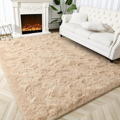 Super Soft Fluffy Shaggy Rugs for Living Room Bedroom, Fuzzy Plush Area Rugs for Girls Kids Room Nursery Home Decor, Furry Dorm Rug Cute Non-Slip Indoor Floor Carpet 6x9 Feet, Beige