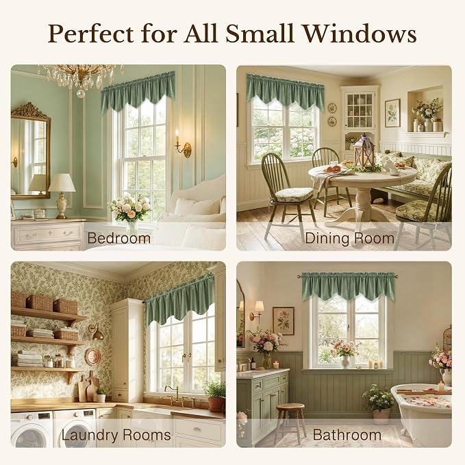 Velvet Window Valance 52x18 Inch 4-Panel Set | Soft Wavy Sage Green Kitchen Curtains for Windows, Luxury Fabric Aesthetic Window Treatment for Bay Window, Living Room