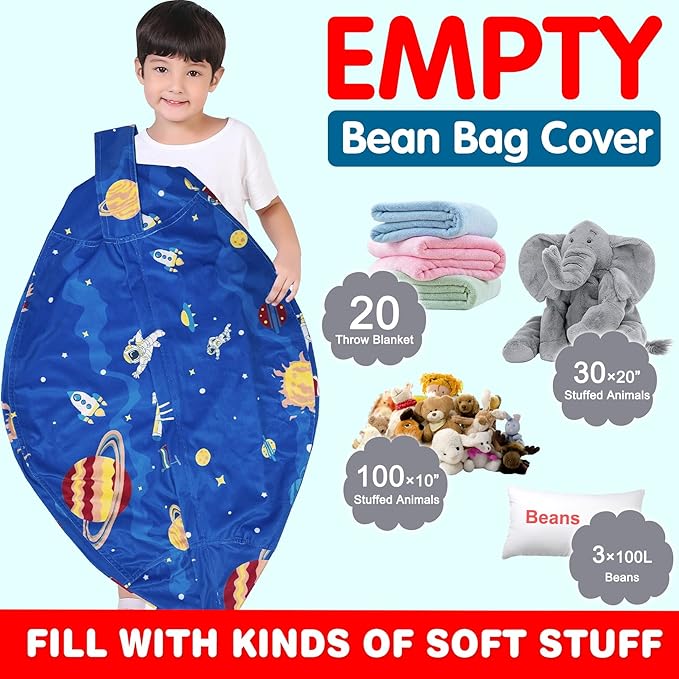 Lukeight Stuffed Animal Storage Bean Bag Chair Cover for Kids, Zipper Beanbag Chair Cover for Organizing Toddler & Kids' Rooms Plush Toys (Outer Space Velvet, XX-Large)