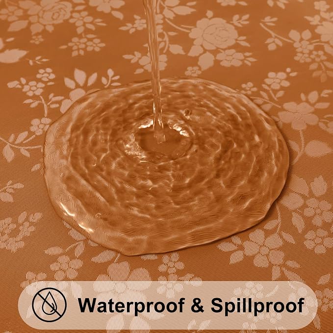 Smiry Round Waterproof Heavy Duty Vinyl Tablecloths, 60 x 60 Inch | Wipeable Washable Floral Embossed Table Cover for Kitchen and Dining Room, Indoor & Outdoor Use, Bronze