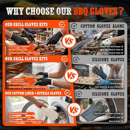 ANBOSON BBQ Gloves,Disposable BBQ Gloves Heat Resistant Cooking | 50 Disposable Nitrile Gloves with 2 Reusable Cotton Liners, Powder Free, Latex Free for Smoking,Grilling,Cooking,Food Prep