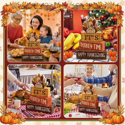 Moucuny 4 Pcs Fall Decorations for Home Wooden Turkey Decor Thanksgiving Tiered Tray Decor Thanksgiving Table Centerpiece Rustic Wooden Turkey Time Block Sign for Autumn Harvest Party Kitchen Shelf