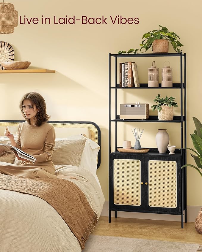 VASAGLE 6-Tier Bookcase, Bookshelf with Rattan-Like Door, Boho Style, Freestanding 30.1-Inch Wide Storage Shelf, Metal Frame, Adjustable Shelf, for Living Room, Ebony Black and Matte Black ULLS124B56