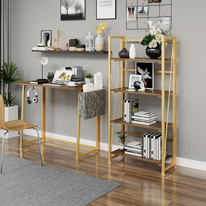 No-Assembly Folding Gold Bookshelf Storage Shelves 4 Tiers Vintage Multifunctional Plant Flower Stand Storage Rack Shelves Bookcase for Home Office