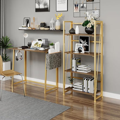 No-Assembly Folding Gold Bookshelf Storage Shelves 4 Tiers Vintage Multifunctional Plant Flower Stand Storage Rack Shelves Bookcase for Home Office