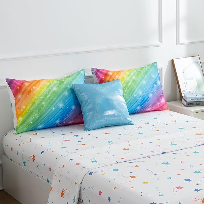 Btargot Super Soft 6 Pieces Gradient Star Ring Comforter Set, Colorful Glitter Rainbow Star Pattern Bedding Set for Boys Girls Teens,Twin Multicolor