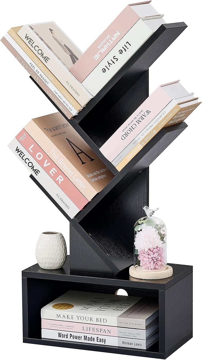 Hoctieon 3 Tier Tree Bookshelf, Small Bookcase with Drawer, Desktop Book Shelf, Display Floor Standing Storage Shelf, Book Organizer Shelves for Home Office, Black