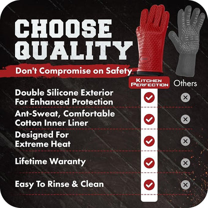 KITCHEN PERFECTION Silicone Smoker BBQ Gloves - Heat Resistant Oven Mitts | Waterproof, 5-Finger Design For A Better Grip, for Pitmasters, Meat Smoking, Grilling, Cooking, Frying Turkey | Grill Gift