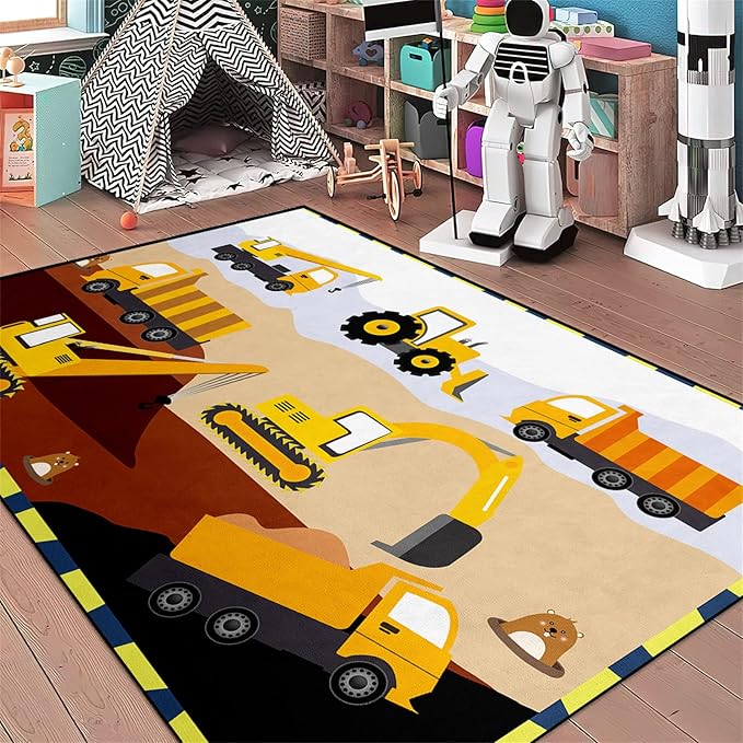 Construction Rugs for Boys Room Car Rug for Boys Room Car Rug Play Mat Kids Rugs for Playroom Car Play Mat Car Rugs for Kids Construction Decor for Boys Room 5'×7'