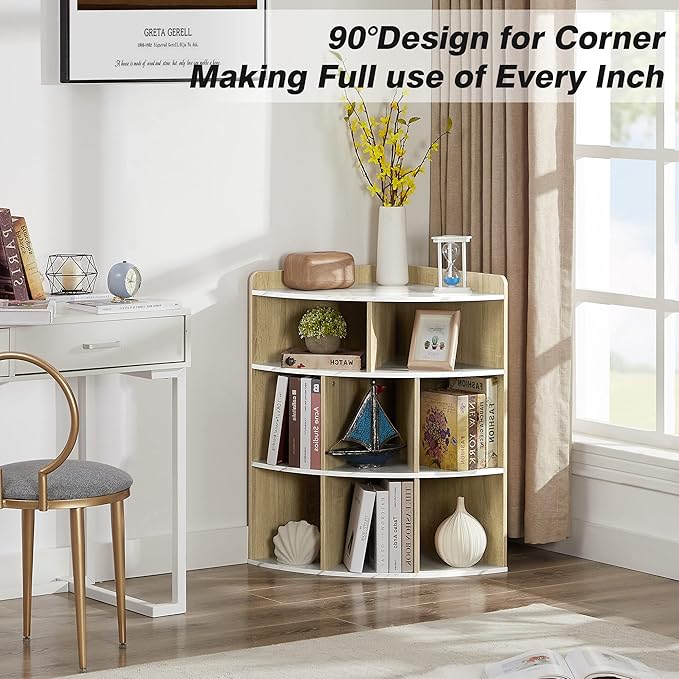 Vecelo 3-Tier Corner Cabinet with 8 Cubbies, Wooden Cube Storage Organizer, Modern Bookshelf Units for Playroom, Bedroom, Living Room, Marble White
