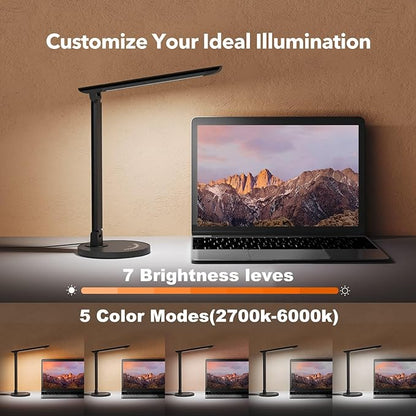 LED Desk Lamp, Metal Desk Light 12W 550lm, Dimmable Touch Control Lamp with USB Charging Port, Eye-Caring Desk Light with 5 Color Modes with 7 Brightness Levels, for Home, Office, School, Black