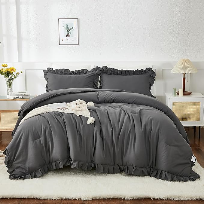 Andency Queen Comforter Set Dark Gray, 3 Pieces Boho Lightweight Summer Solid Bedding Comforters & Sets, Double Women Men Grey Ruffle Farmhouse Bed Set (90x90In Comforter & 2 Pillowcases)