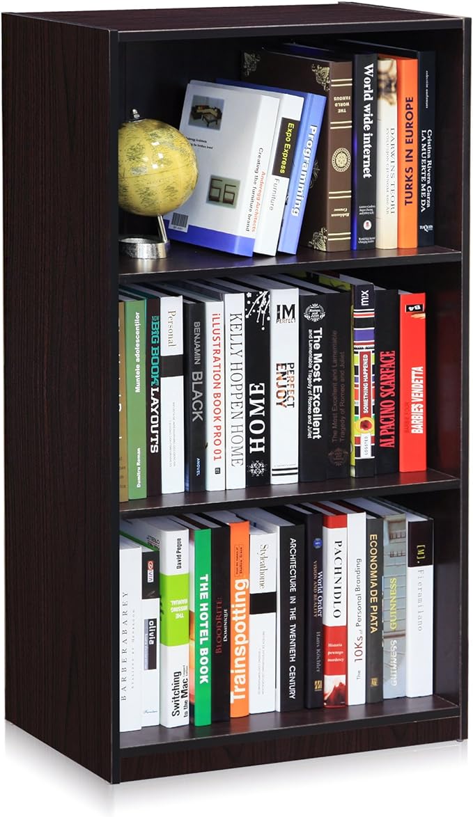 Furinno Basic 3-Tier Bookcase Storage Shelves, Dark Walnut