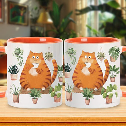 Hyturtle Cute Orange Cat Coffee Mug Gifts For Cat Mom, Plant Decor Gifts | Birthday Christmas Gift for Plant Lovers, Gardeners, Premium 11oz Two Tone Orange Ceramic Tea Cup, Perfect for Daily Drinks