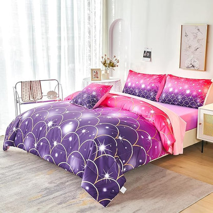 URBONUR Purple Glitter Comforter Set Full Size for Girls 6 Piece Bed in A Bag Comforter with Sheets Set, Gradient Pink Purple Sparkle Mermaid Fish Scales Bedding Comforter Set