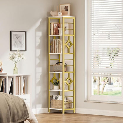 YITAHOME Narrow Bookshelf, 5-Tier White and Gold Book Shelf Storage Rack, Display Shelves Stand Etagere for Small Spaces, Open Bookcase for Bedroom Living Room Bathroom Kitchen, Gold
