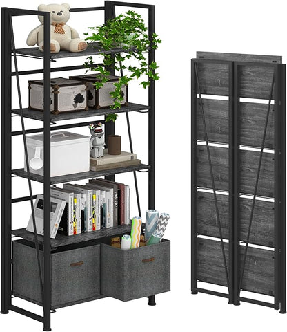 4NM No-Assembly Folding Bookshelf Storage Shelves 5 Tiers Vintage Bookcase Standing Racks Study Organizer Home Office (Gray)