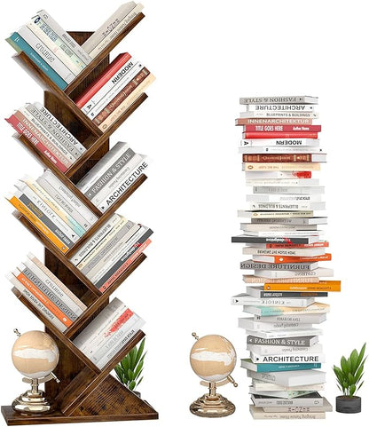 Topfurny Tree Bookshelf, 9-Tier Shelf Rustic Brown Bookcase, Retro Wood Storage Rack for CDs/Movies/Books, Anti-Fall Utility Organizer Shelves for Living Room, Bedroom, Home Office, Rustic