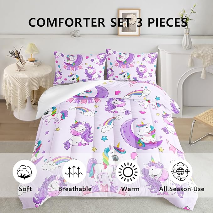 Axolotl Purple Unicorn Comforter Set Queen Size,Girls Bedding Set,Cute Unicorn Rainbow Bedding Set with Stars for Kids Girls Teens Adults Women,1 Comforter with 2 Pillowcase Unicorn Gifts for Girls