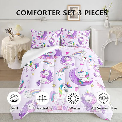 Axolotl Purple Unicorn Comforter Set Queen Size,Girls Bedding Set,Cute Unicorn Rainbow Bedding Set with Stars for Kids Girls Teens Adults Women,1 Comforter with 2 Pillowcase Unicorn Gifts for Girls