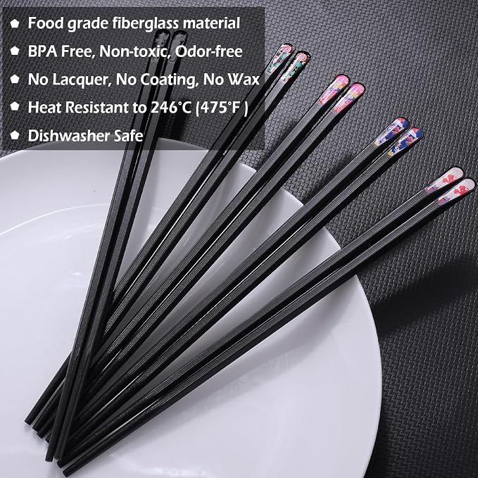GLAMFIELDS 5 Pairs Premium Chopsticks Reusable Dishwasher Safe 9.5 Inch Fiberglass Chop Sticks Gift Set Hexagon Black Non Slip with the Printed Tops