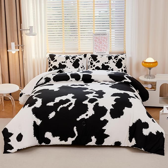 Cow Print Comforter Full,Western Comforter Set Full,Boys Full Comforter Set,Black and White Color Comforter,Cow Bedding Set,Cow Room Decor