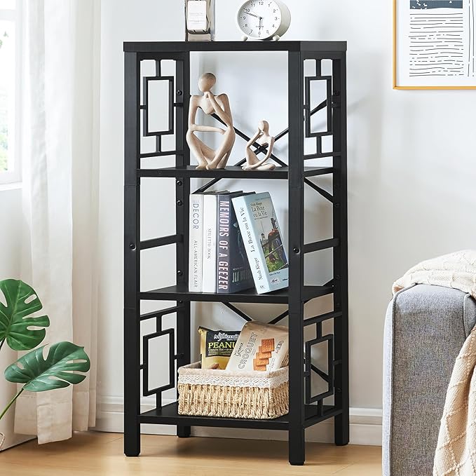 Bookshelf, Vintage Industrial 4 Tier Bookshelf, Freestanding Narrow Bookcase with Rustic Wood and Metal, Small Bookshelf for Home Office, Bedroom & Living Room, Black