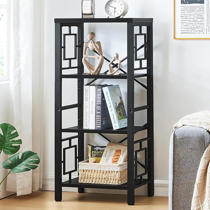 Bookshelf, Vintage Industrial 4 Tier Bookshelf, Freestanding Narrow Bookcase with Rustic Wood and Metal, Small Bookshelf for Home Office, Bedroom & Living Room, Black