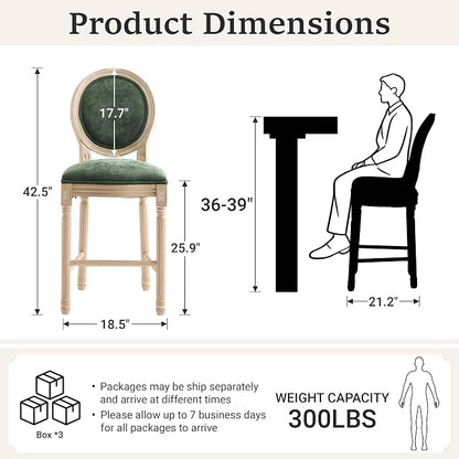 French Country Barstool, Linen Farmhouse Counter Height Chair | Set of 6, with Cushion Round Back and Solid Wood Legs, Oval Chairs for Restaurant, Bar, Kitchen, Café, Green