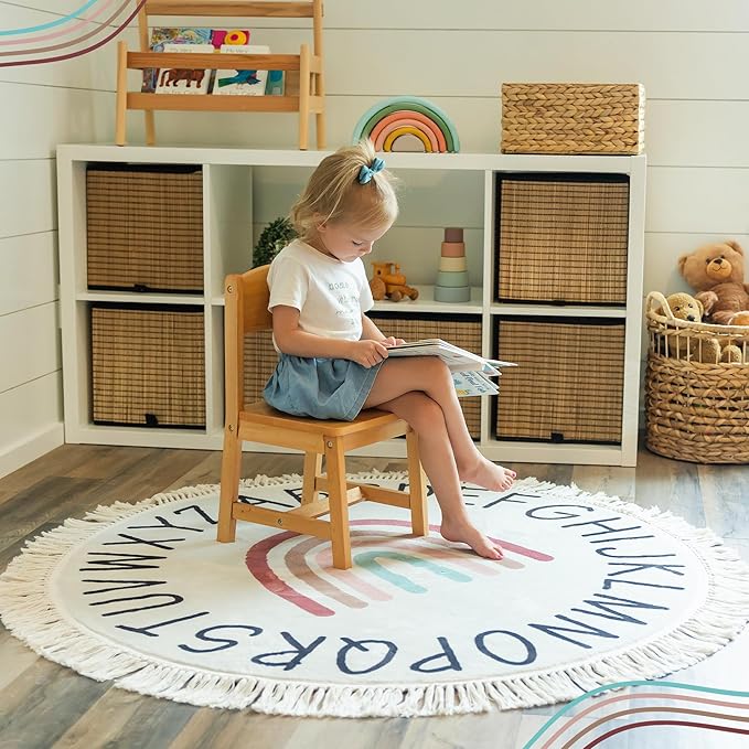Round ABC Rug for Kids Playroom - 4ft Lovely Boho Rainbow Rug, Ultra Soft & Non Slip - Alphabet Circle Area Carpet for Nursery Toddler Baby Room - Colorful Cute Decor Mat for Girl & Boy, 47 inch