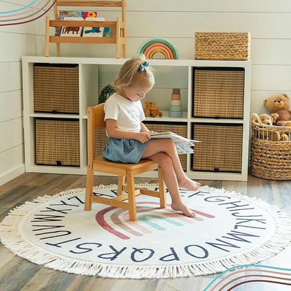 Round ABC Rug for Kids Playroom - 4ft Lovely Boho Rainbow Rug, Ultra Soft & Non Slip - Alphabet Circle Area Carpet for Nursery Toddler Baby Room - Colorful Cute Decor Mat for Girl & Boy, 47 inch