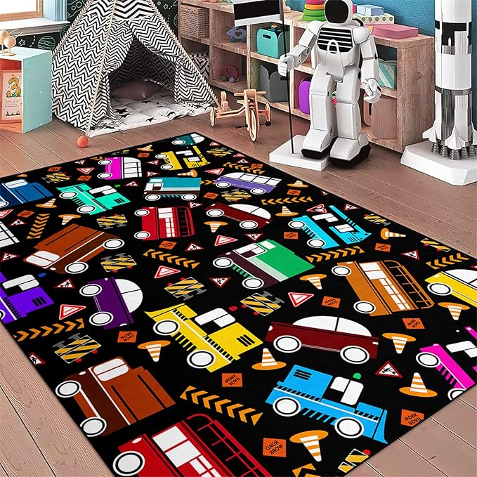 Car Rug Play Mat Kids Rugs for Playroom Car Rug for Boys Room Kids Mat Construction Play Mat Car Play Rug Car Carpet for Kids Carpet for Bedroom Truck Rugs for Boys Room,Black 5'×7'