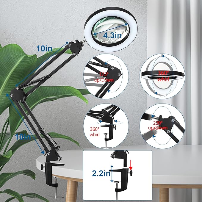 HITTI 5X Magnifying Glass with Light with Clamp, 3 Color Modes Stepless Dimmable Magnifying Lamp, 72 LEDs Real Glass Lens Magnifier with Light and Stand for Close Work Craft Hobby Reading Workbench