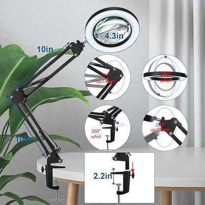 HITTI 5X Magnifying Glass with Light with Clamp, 3 Color Modes Stepless Dimmable Magnifying Lamp, 72 LEDs Real Glass Lens Magnifier with Light and Stand for Close Work Craft Hobby Reading Workbench