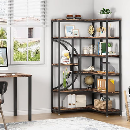 TIYASE 6-Shelf Corner Bookshelf Industrial 6-Tier Corner Etagere Bookcase, Large Corner Shelf L-Shaped Book Shelves Display Storage Rack with Metal Frame for Living Room Home Office, Rustic Brown