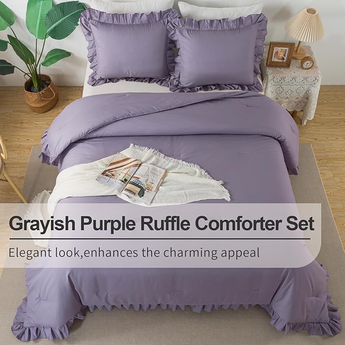 Andency Grayish Purple Ruffle Comforter King, 3 Pieces Solid Farmhouse Shabby Chic Comforter, Lightweight Soft Microfiber Vintage Rustic Bedding Sets All Season (104x90Inch Comforter)