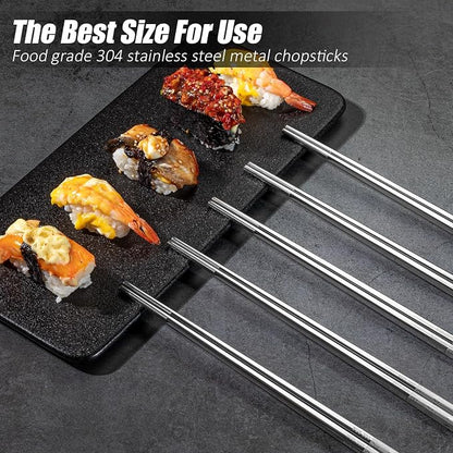 Stainless Steel Chopsticks - 5 Pairs Reusable Metal Chopsticks Dishwasher Safe, Japanese Chinese korean Chop sticks Set,Non-Slip Stainless Chop sticks, Silver Metal Chop sticks for Adults