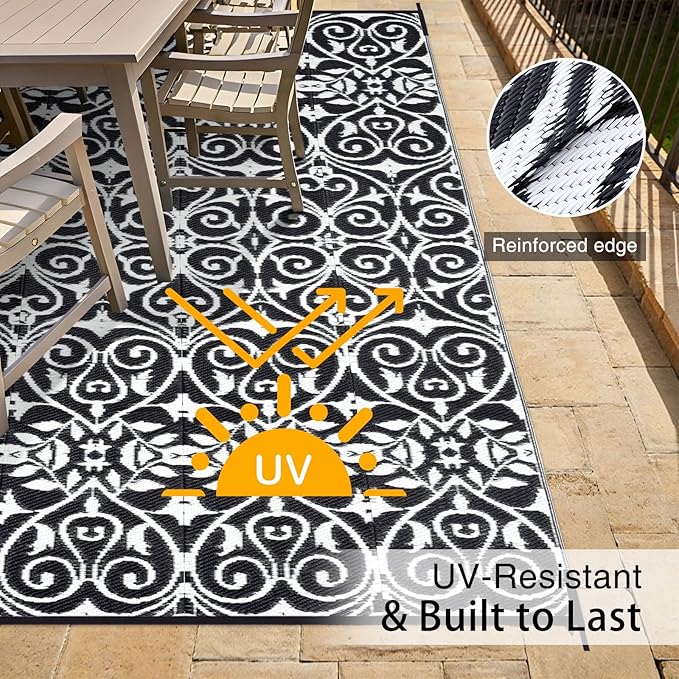 OLANLY Outdoor Rug Waterproof 6x9 ft Clearance, Reversible Outdoor Plastic Straw Rug with Floral Pattern, RV Mat for Patio, Camping, Balcony, Deck, Backyard, Black & White