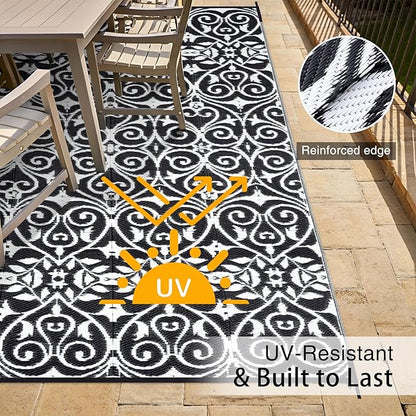 OLANLY Outdoor Rug Waterproof 6x9 ft Clearance, Reversible Outdoor Plastic Straw Rug with Floral Pattern, RV Mat for Patio, Camping, Balcony, Deck, Backyard, Black & White