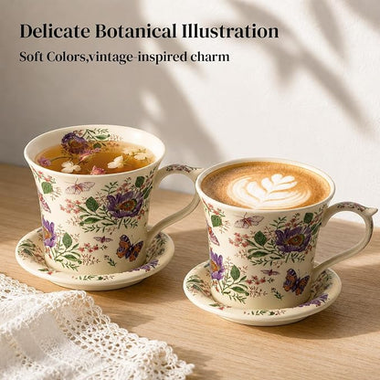 DOWAN 14 OZ Tea Cup & Saucer Set, Floral Mug with Lid, Ceramic Cappuccino/Latte Mug for Women, One Set