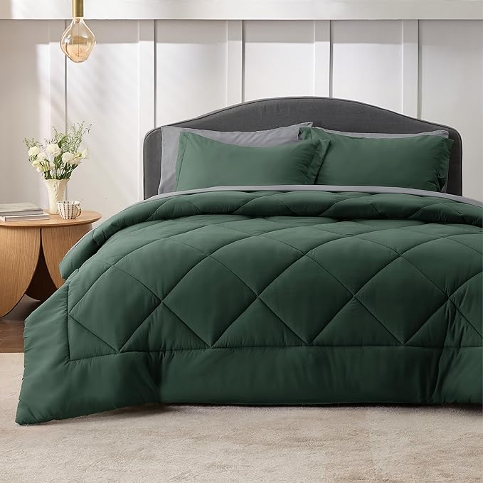 Bedsure Forest Green Twin XL Comforter Set - 5 Pieces Reversible Twin XL Bed in a Bag for College, Extra Long Twin Bed Set Forest Green and Grey with Comforters, Sheets, Pillowcase & Sham