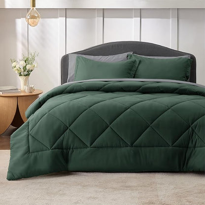 Bedsure Forest Green King Size Comforter Set - 7 Pieces Reversible King Bed in a Bag, King Bed Set Forest Green and Grey with Comforters, Sheets, Pillowcases & Shams
